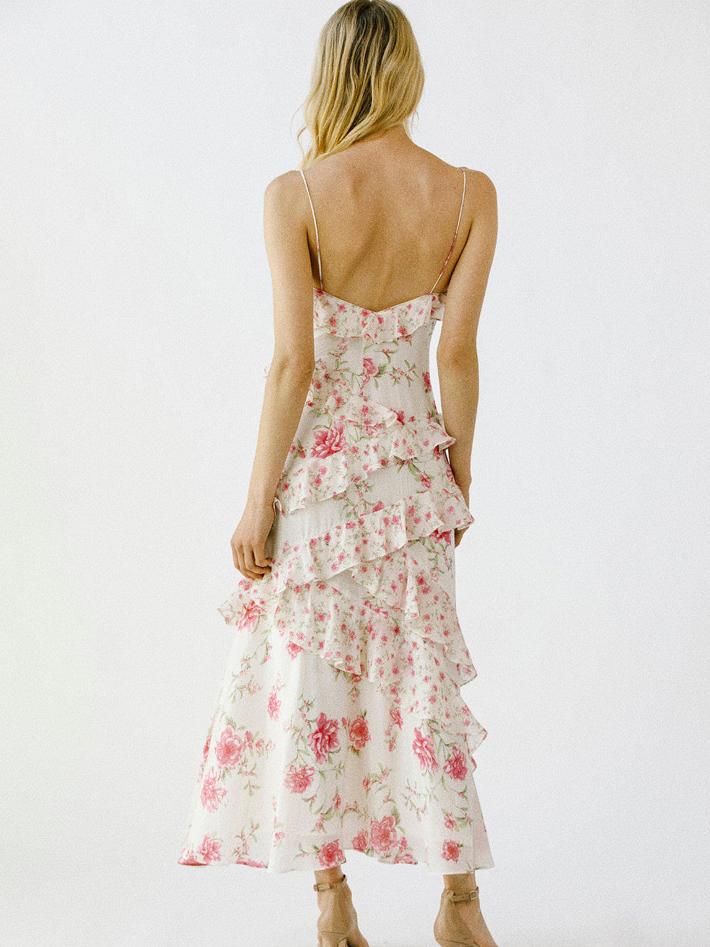 WHITE FLORAL RUFFLED SPAGHETTI STRAP MIDI DRESS
