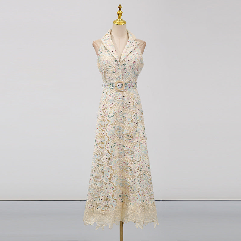 CHLOE SLEEVELESS LACE MAXI DRESS, BEIGE HOLLOW WEDDING GUEST