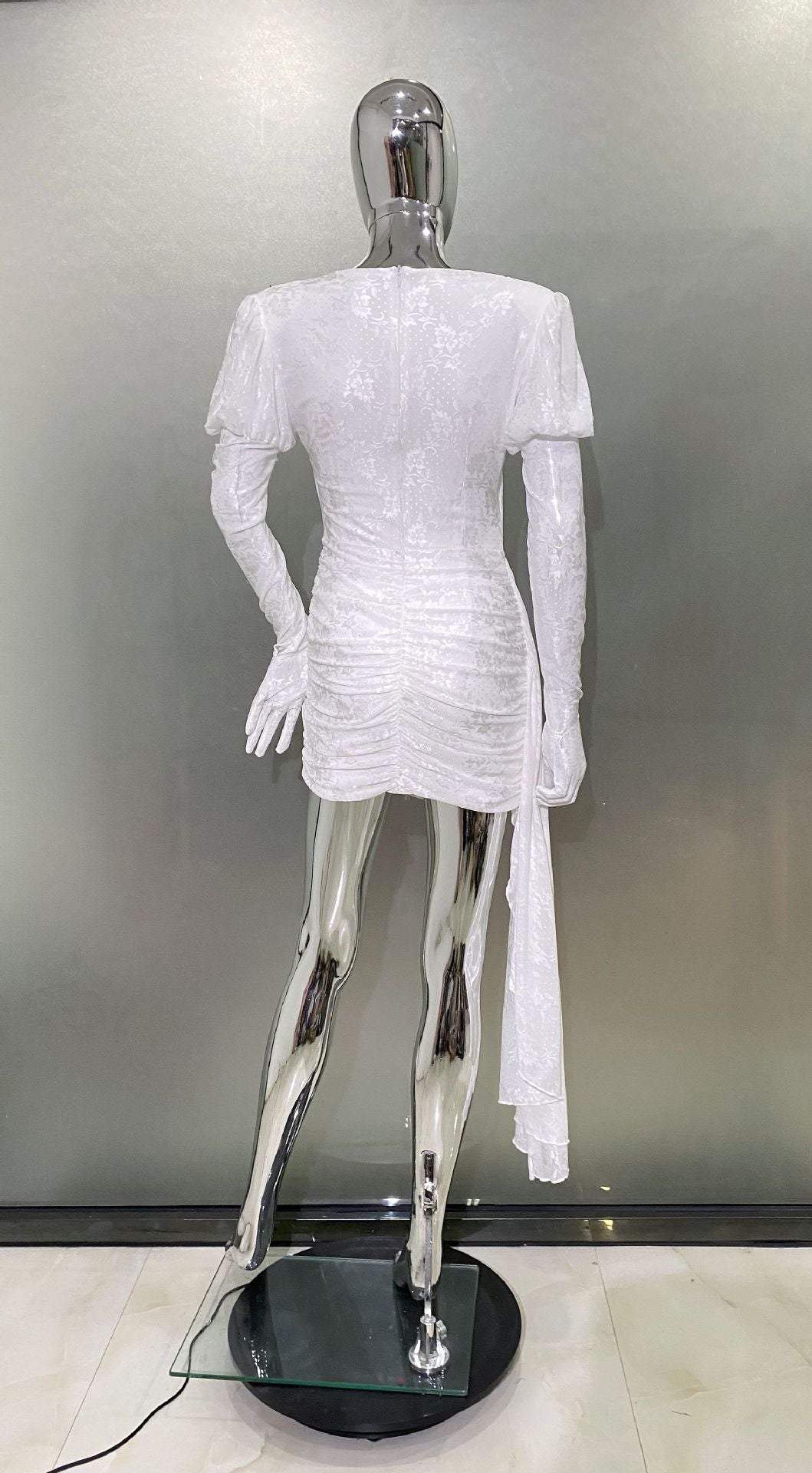DARIEL FLORAL JACQUARD CUTOUT DRAPED MINI DRESS - WHITE