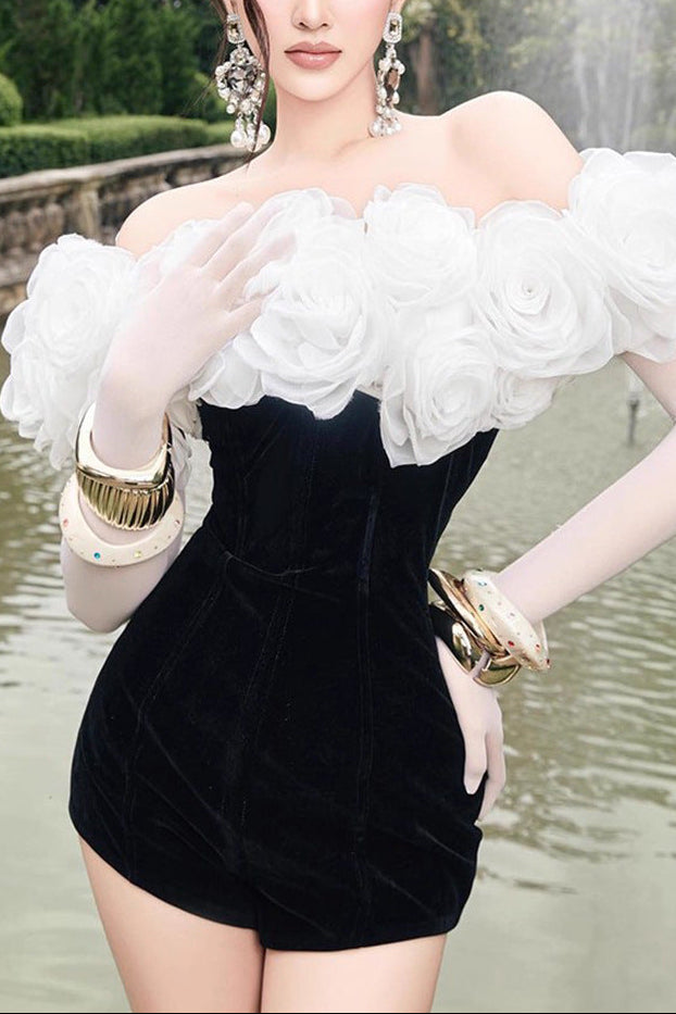 OFF-SHOULDER 3D FLOWER BODYCON JUMPSUIT, BLACK