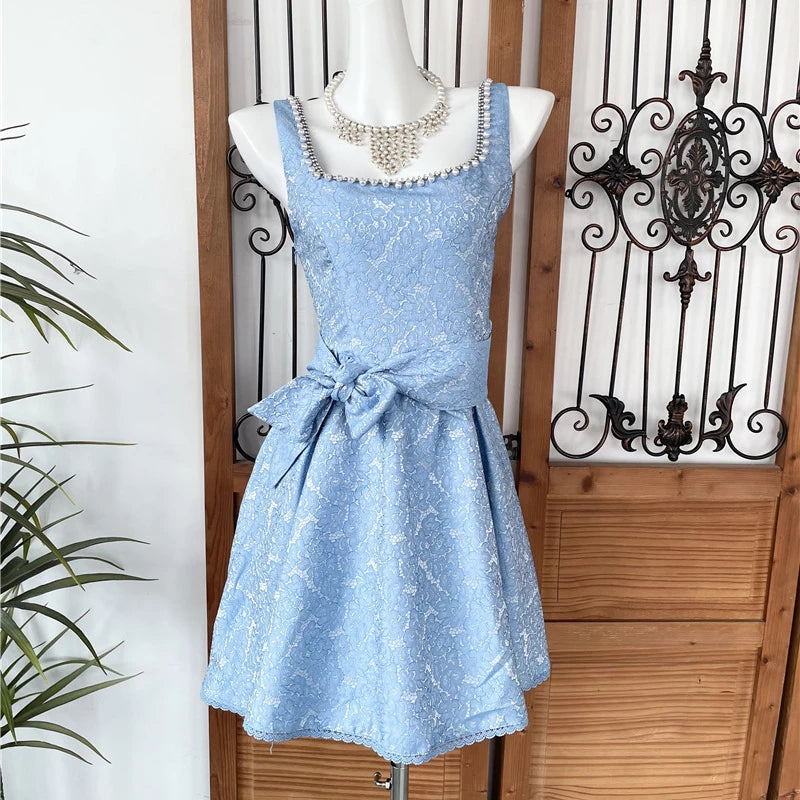 BEADED SQUARE NECK BOW A-LINE MINI DRESS FOR PARTY