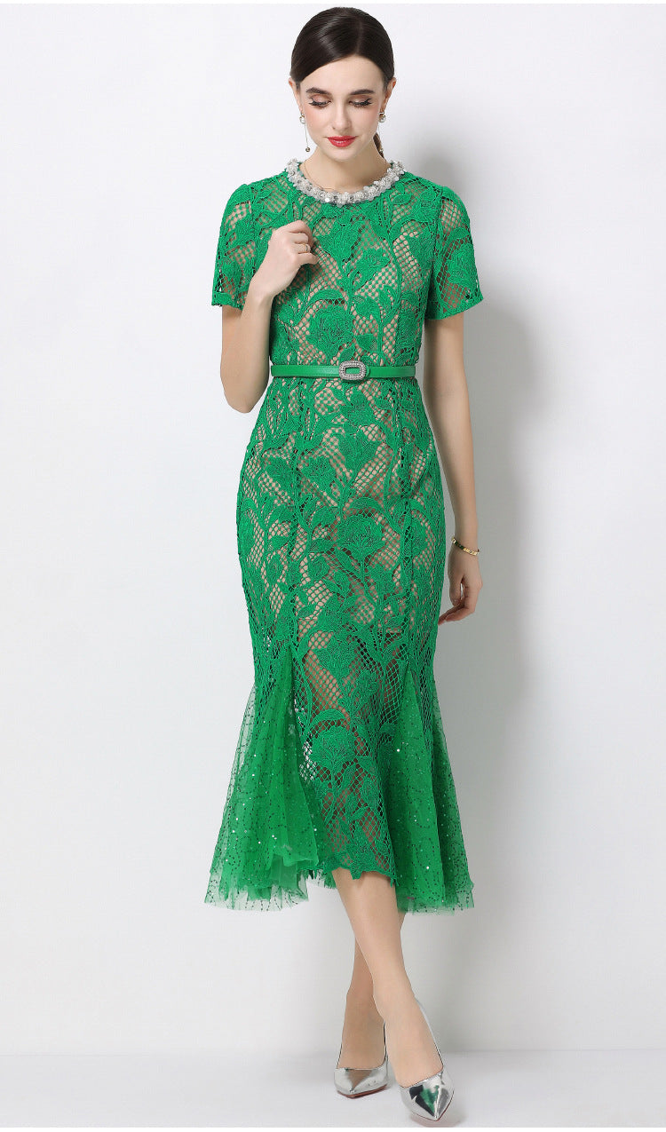 RHINESTONE FLOWER LACE FISHTAIL MIDI DRESS - GREEN