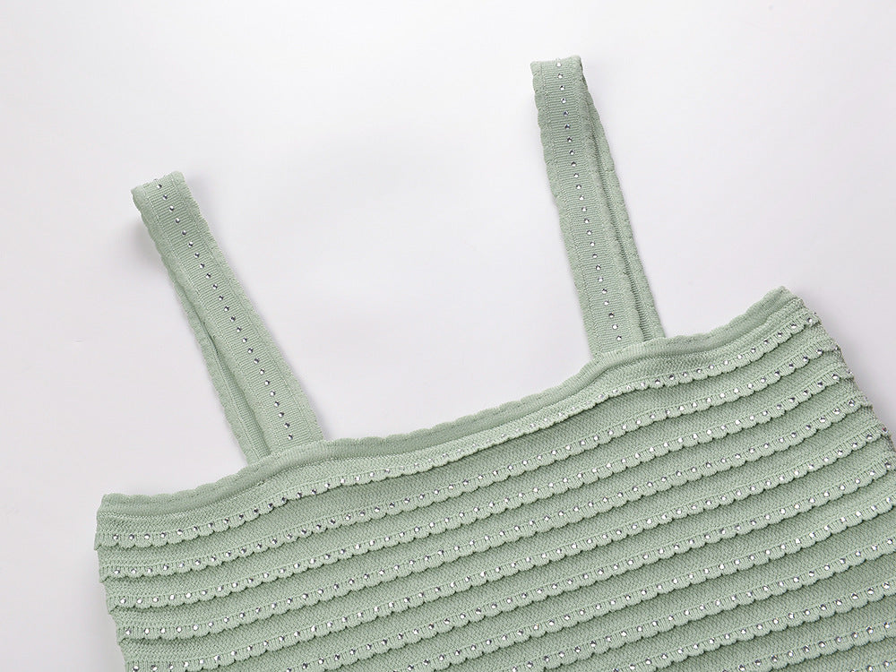 RHINESTONE TRIM KNIT CROP TOP ALMOND GREEN