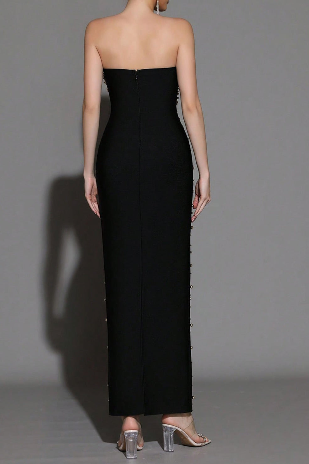 PEARL BEADED STRAPLESS BLACK MAXI DRESS, EVENING
