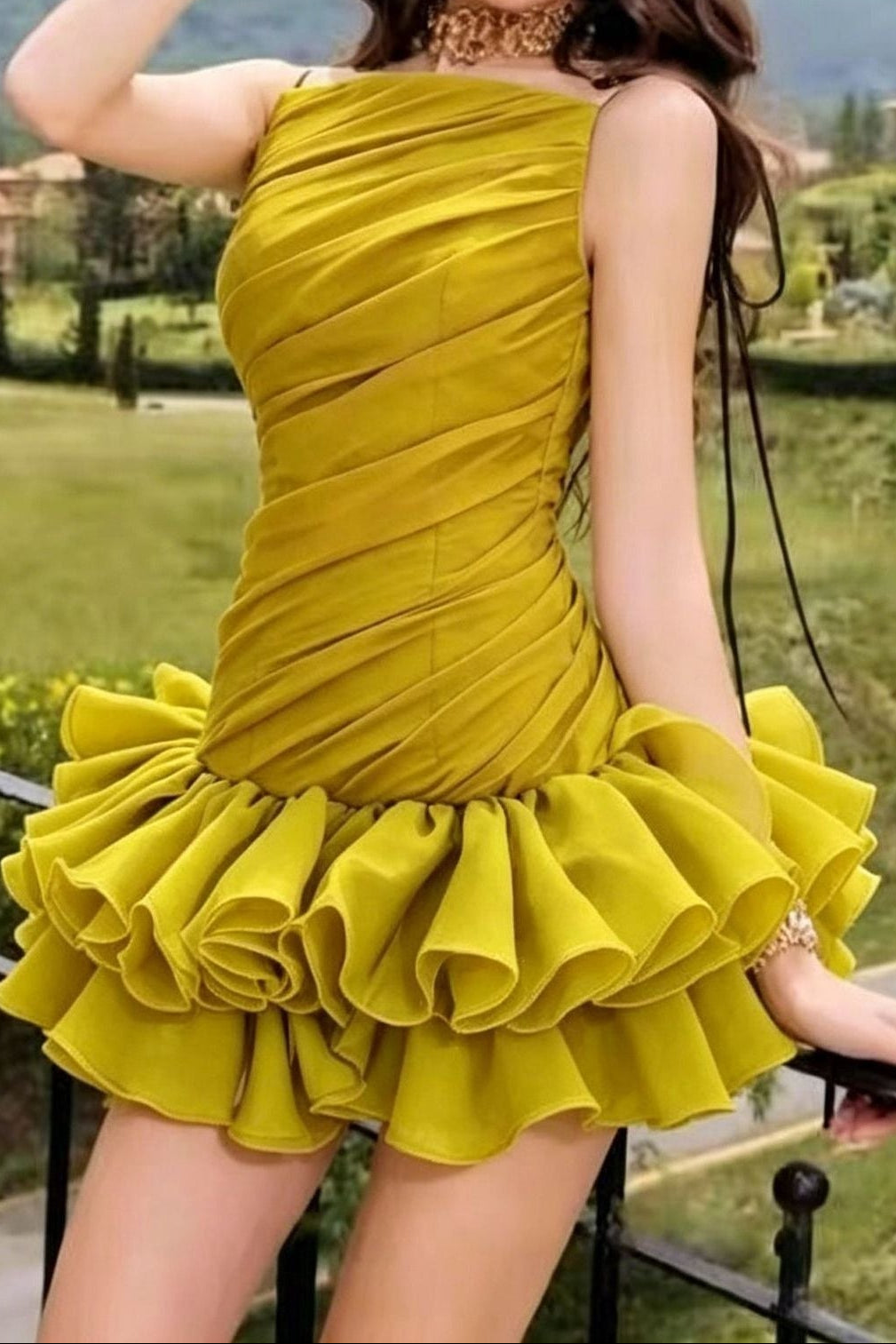 MUSTARD YELLOW RUCHED RUFFLE MINI DRESS, STRAP STYLE