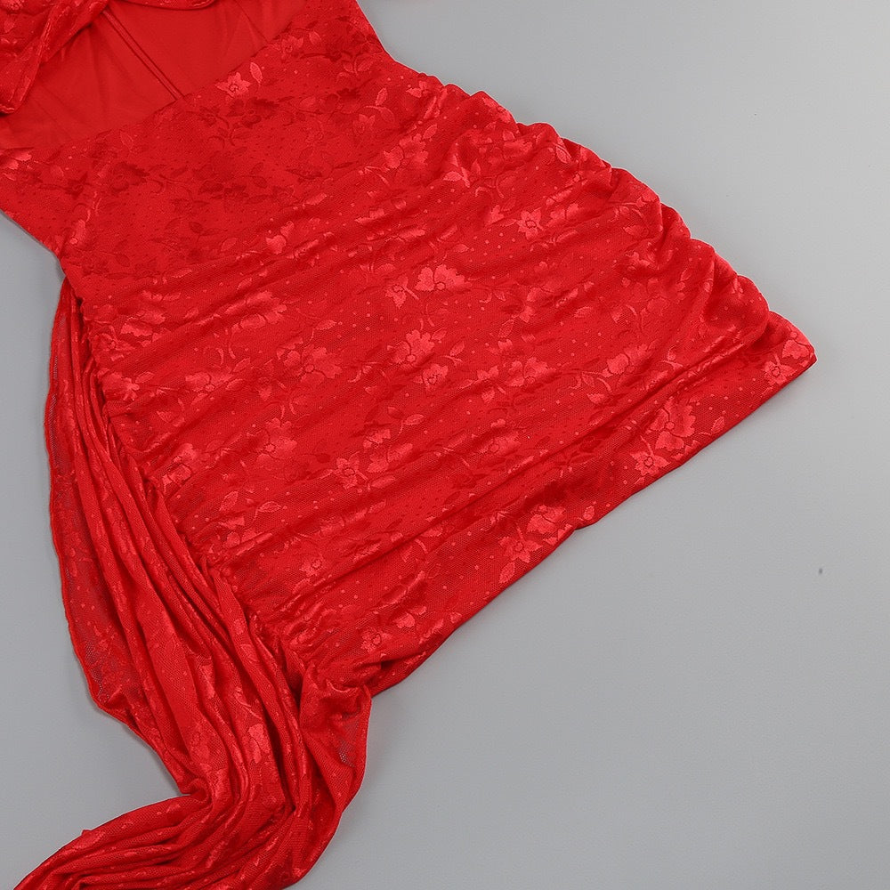 DARIEL FLORAL JACQUARD CUTOUT DRAPED MINI DRESS RED