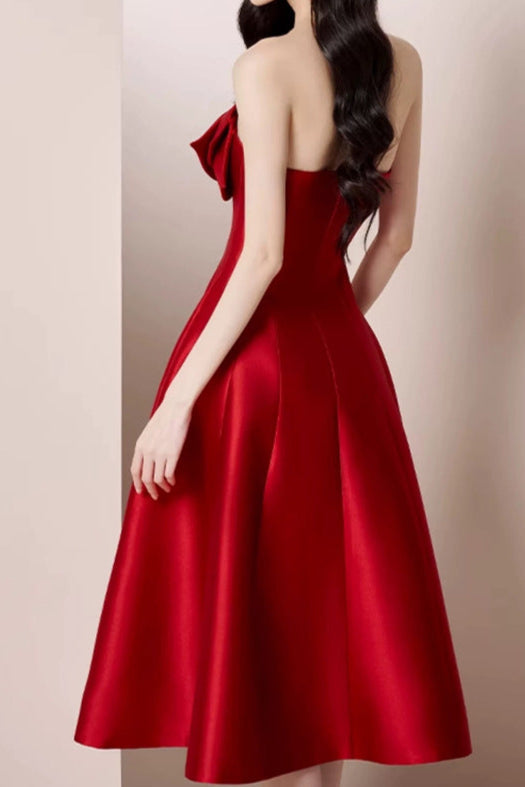 MIGNON RED SATIN STRAPLESS MIDI DRESS WITH 3D FLOWERS