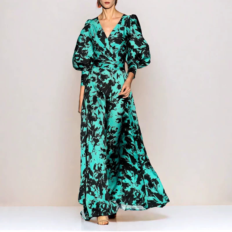 GREEN SATIN LANTERN SLEEVE V-NECK DRESS FOR WEDDING