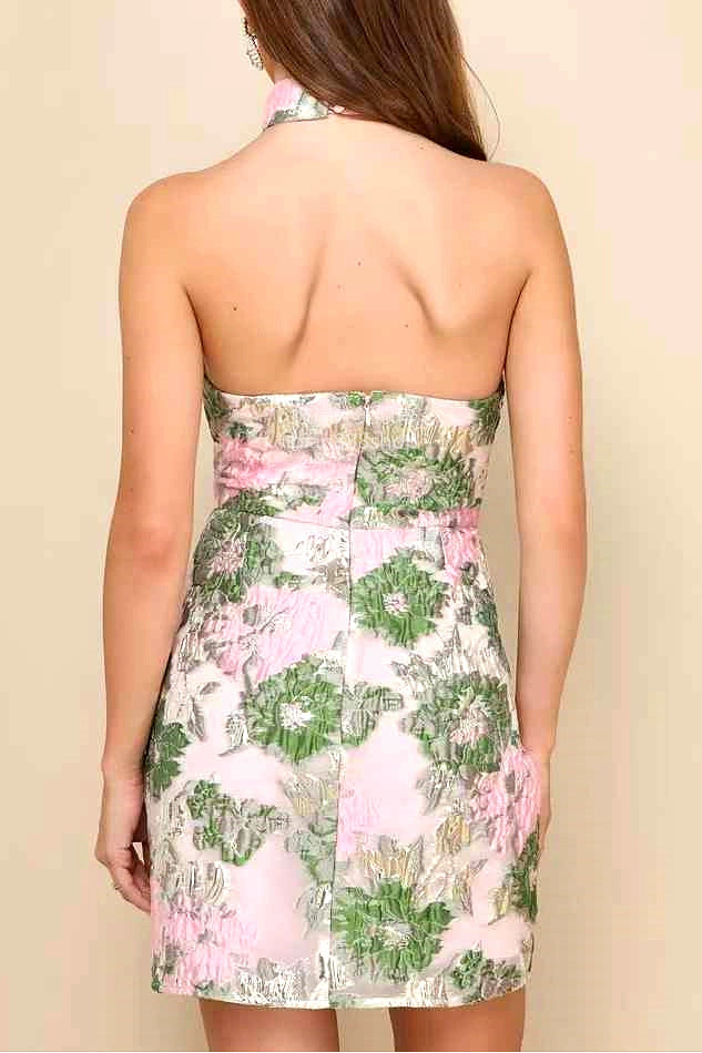 JACQUARD FLORAL OPEN BACK MINI DRESS