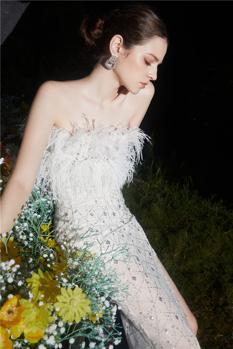 HAUTE COUTURE WHITE FEATHER SEQUIN DRESS