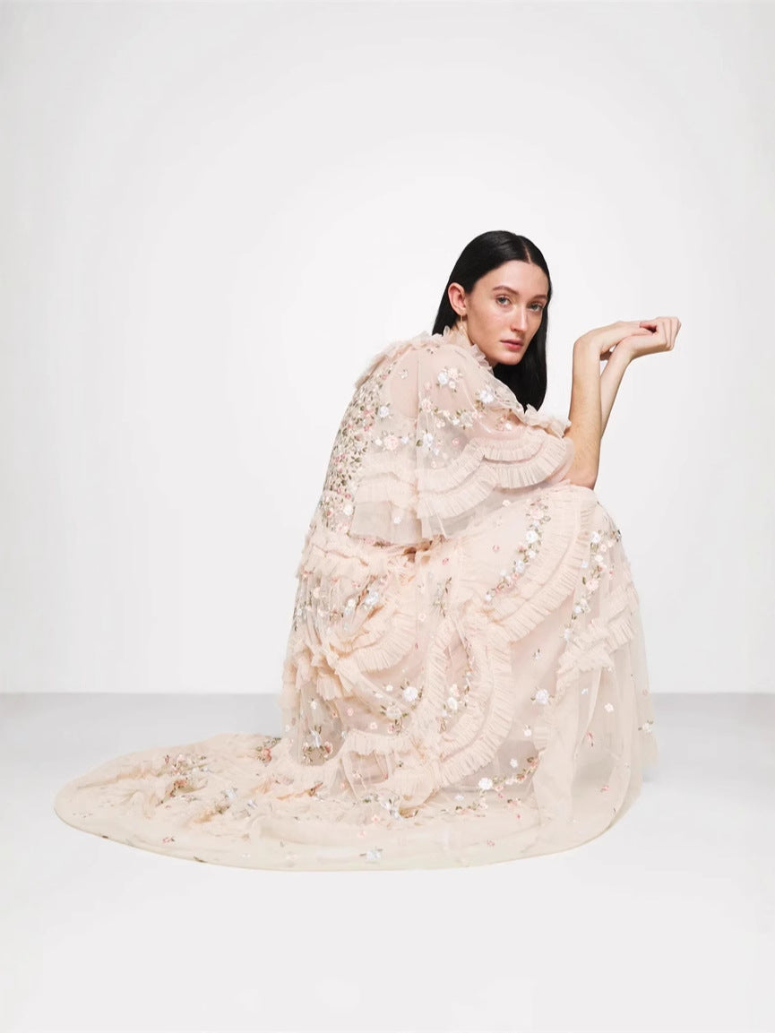 LALABELLE APRICOT TULLE FLORAL A-LINE GOWN