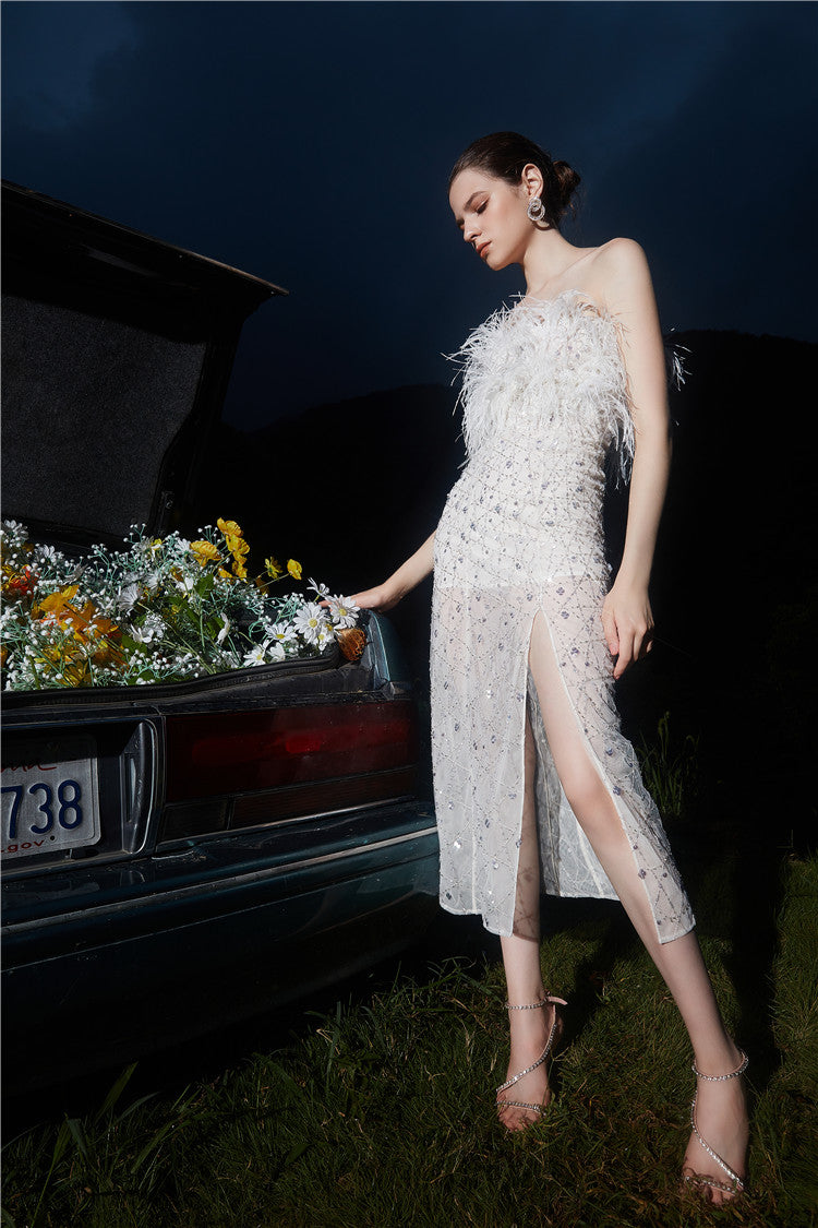 HAUTE COUTURE WHITE FEATHER SEQUIN DRESS