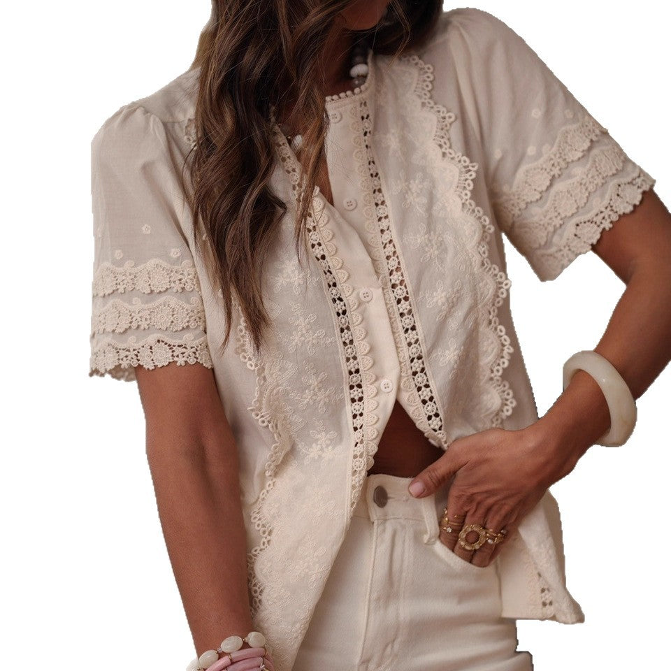 CLASSIC LACE EMBROIDERED SHORT SLEEVE BLOUSE