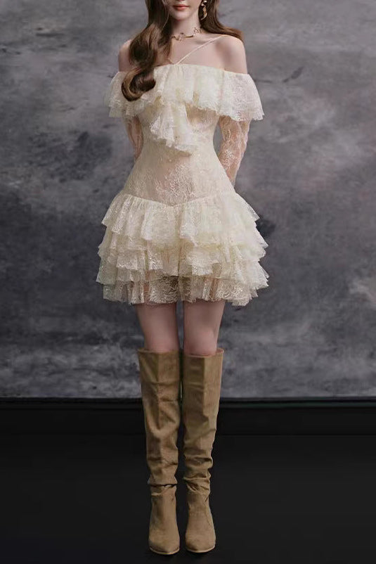 ELISHA OFF-SHOULDER LACE RUFFLE MINI DRESS