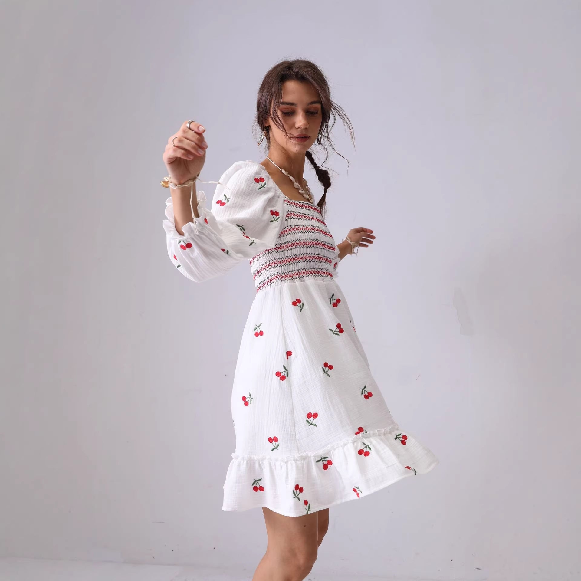 LONG SLEEVE GAUZE LOTUS SKIRT, OPEN BACK PRINTED MAXI