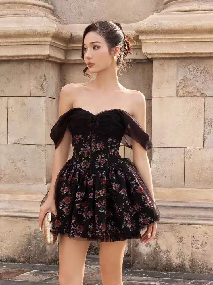 BONNIE STRAPLESS FLORAL MINI DRESS, BLACK PARTY