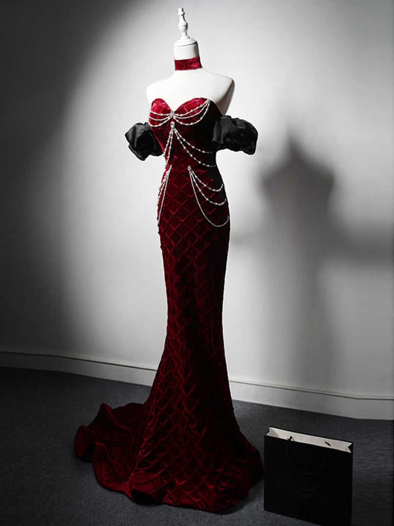 BURGUNDY VELVET MERMAID PROM DRESS
