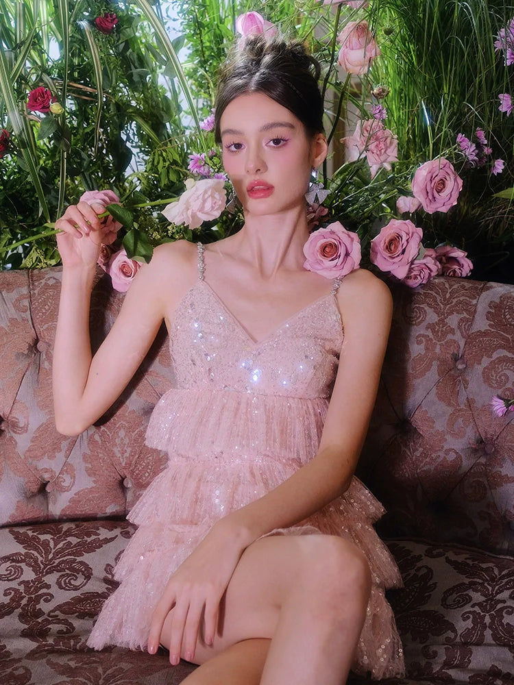 PINK SLEEVELESS SEQUIN RUFFLE SHORT PARTY DRESS