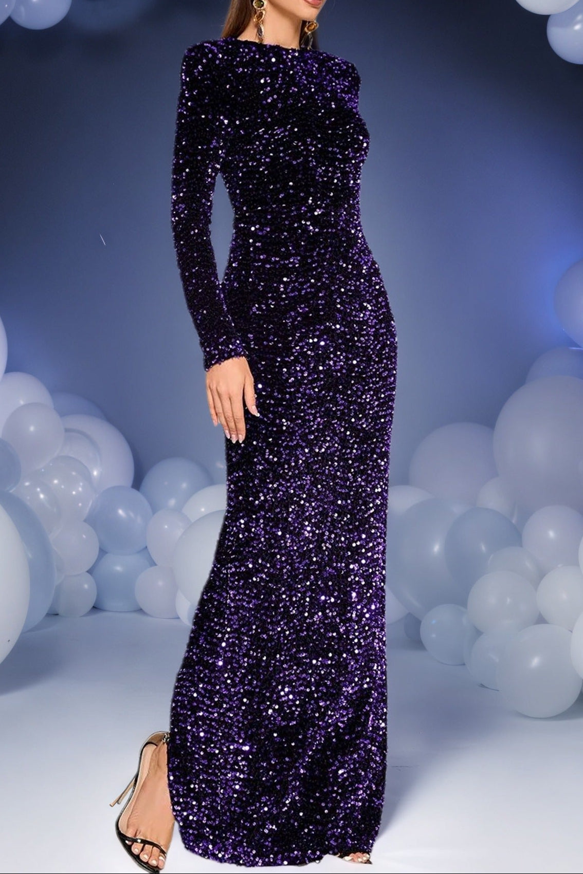 LONG SLEEVE SEQUIN MAXI DRESS IN PURPLE