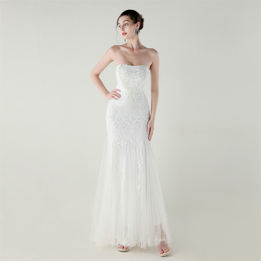 SEQUIN STRAPLESS TULLE MAXI DRESS FOR PARTY