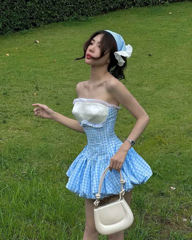 STEPHANIE PLAID STRAPLESS PUFFY MINI DRESS - BLUE