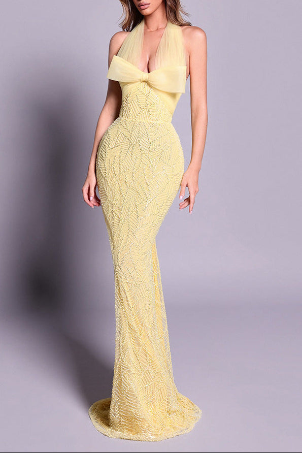 IRENE YELLOW HALTER BEADED BODYCON MAXI DRESS
