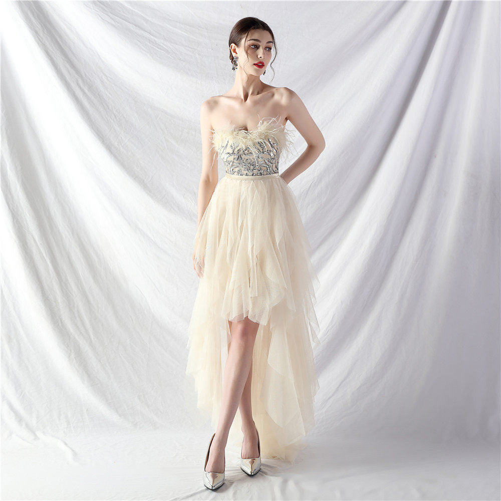 STRAPLESS FEATHER TULLE MIDI DRESS FOR PARTY