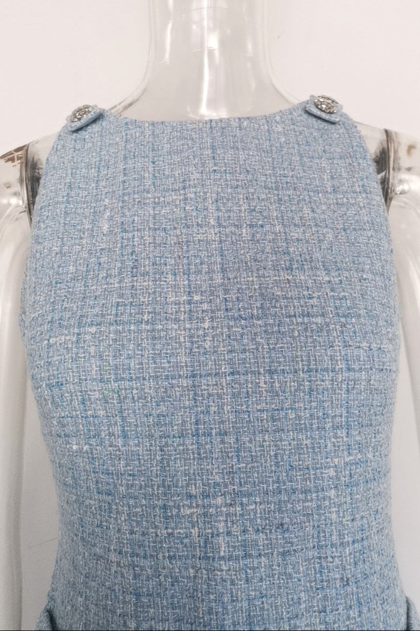 HALTER TWEED MINI DRESS VEST – BLUE COCKTAIL