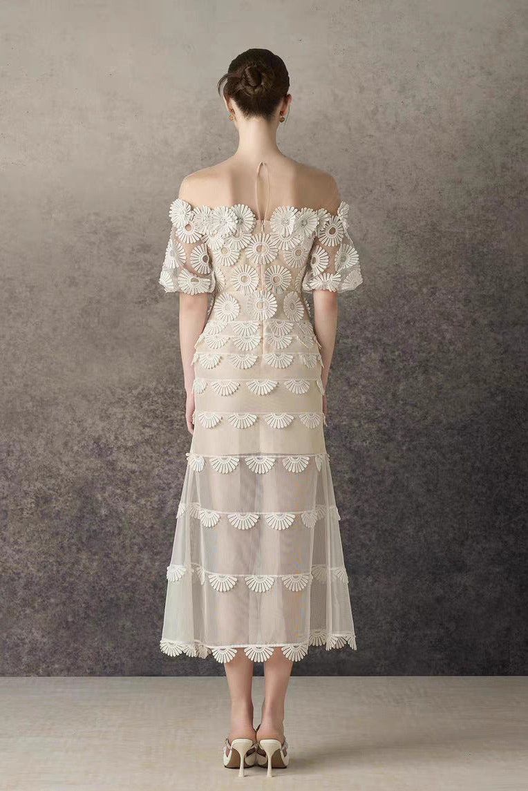 OFF-SHOULDER LACE TIERED MIDI DRESS