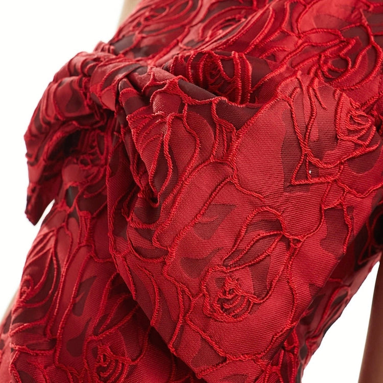 BURGUNDY BOW JACQUARD MINI PARTY DRESS