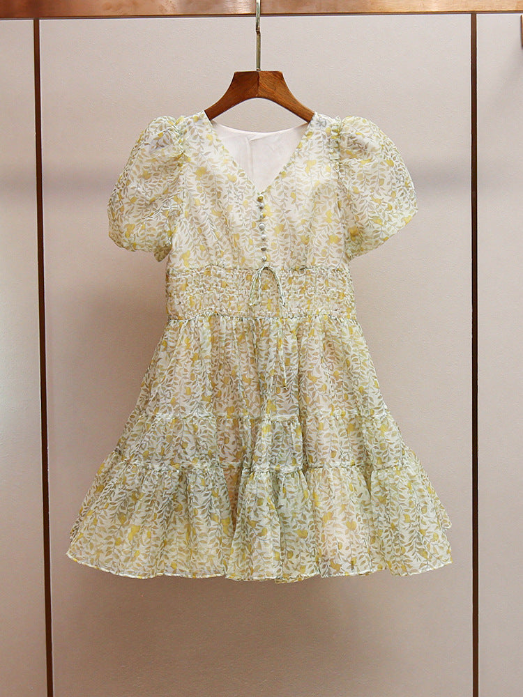 PRINTED V-NECK TUTU MINI DRESS DAISY YELLOW
