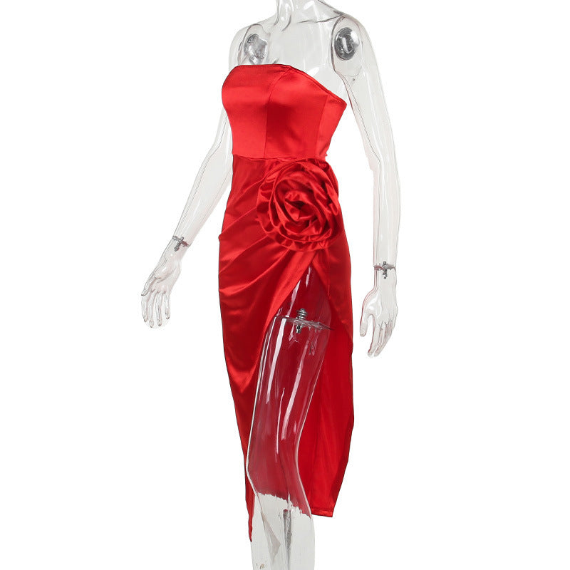 STRAPLESS FLOWER SATIN MIDI DRESS FOR WEDDING