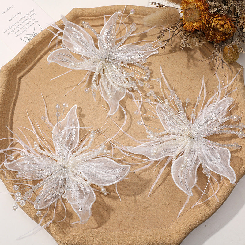 WHITE LACE PEARL CRYSTAL FLOWER HEADWEAR WEDDING CLAW CLIP