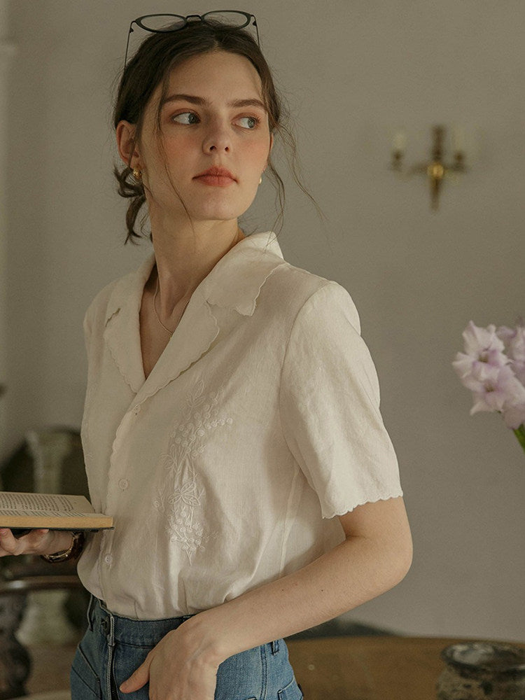 WHITE LACE EMBROIDERED SHORT SLEEVE TOP FOR WEDDING