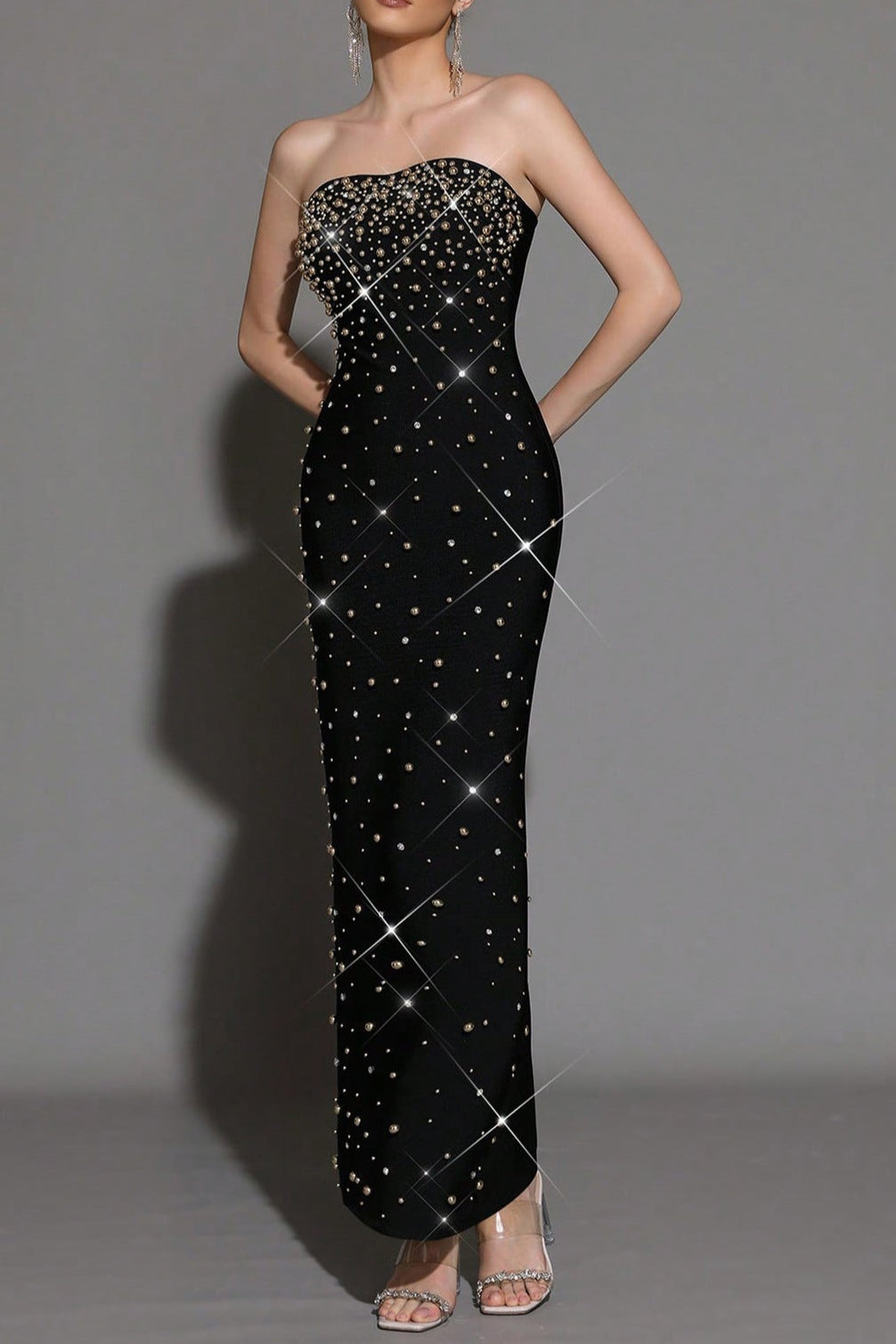 PEARL BEADED STRAPLESS BLACK MAXI DRESS, EVENING