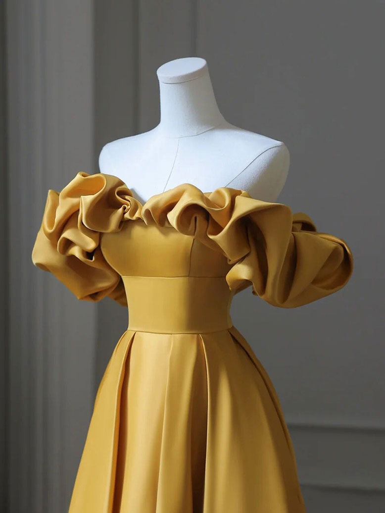 YELLOW SATIN A-LINE MAXI PROM DRESS