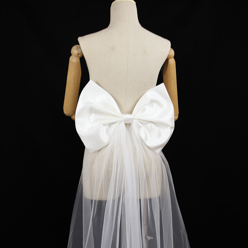 OVERSIZED WHITE SATIN BACK BOW WEDDING SASH WITH TULLE TRAIN