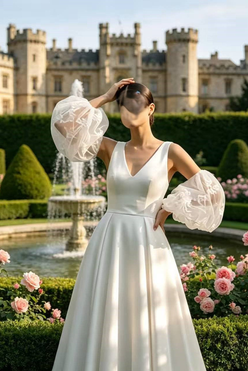 SATIN V-NECK A-LINE WEDDING DRESS W/ DETACHABLE LACE SLEEVES