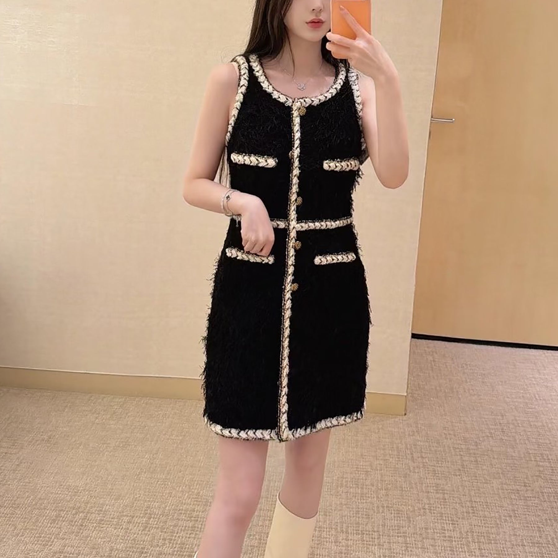 BLACK WOOL TWEED SLEEVELESS MINI COCKTAIL DRESS