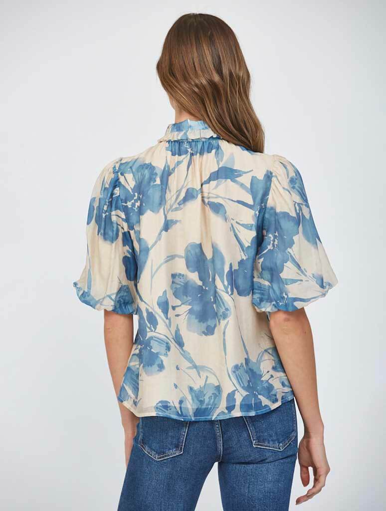 BEIGE & BLUE WATERCOLOR FLORAL BOW BLOUSE FOR WEDDING