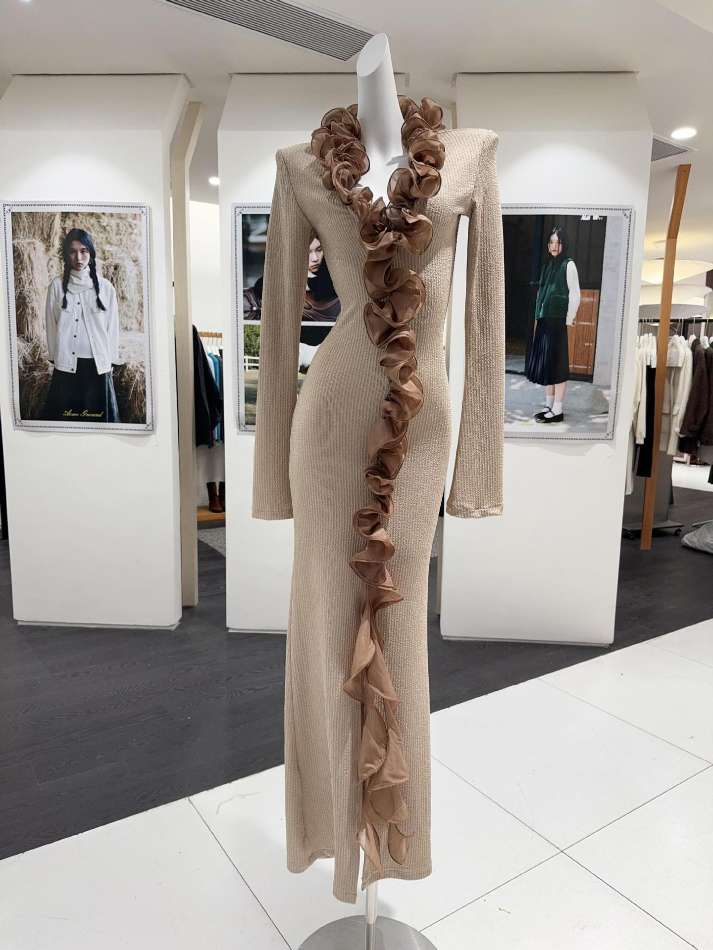 RACHEL CONTOUR RUFFLE KNIT MAXI DRESS, PALE BROWN