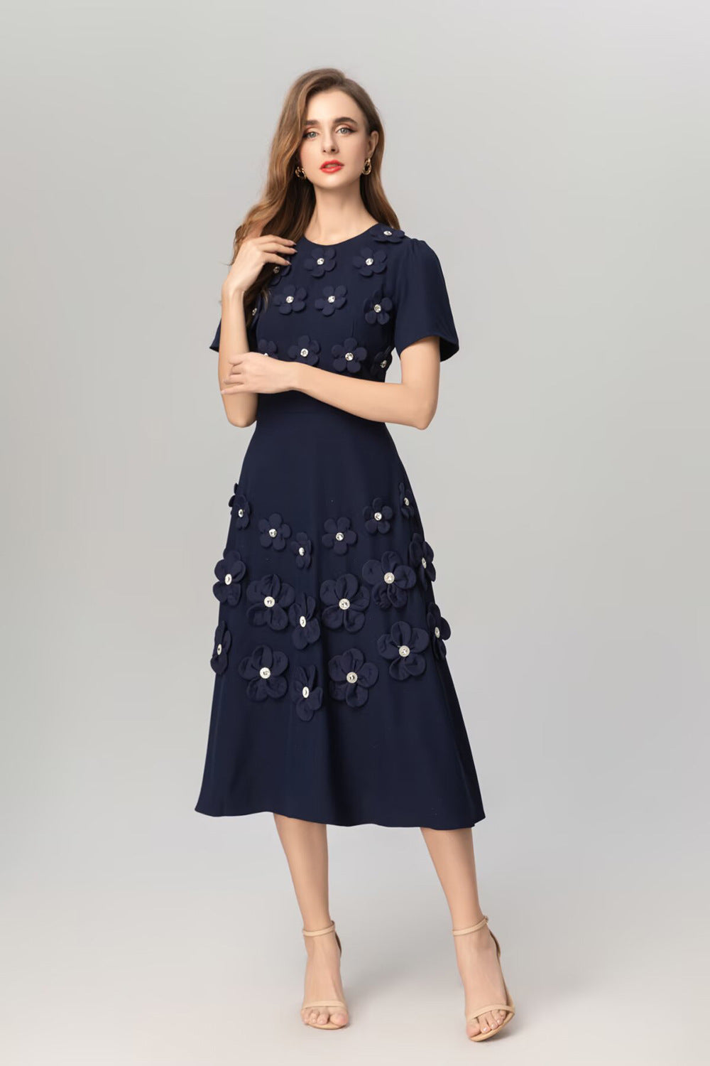 NAVY 3D FLOWER APPLIQUÉ MIDI DRESS FOR EVENTS