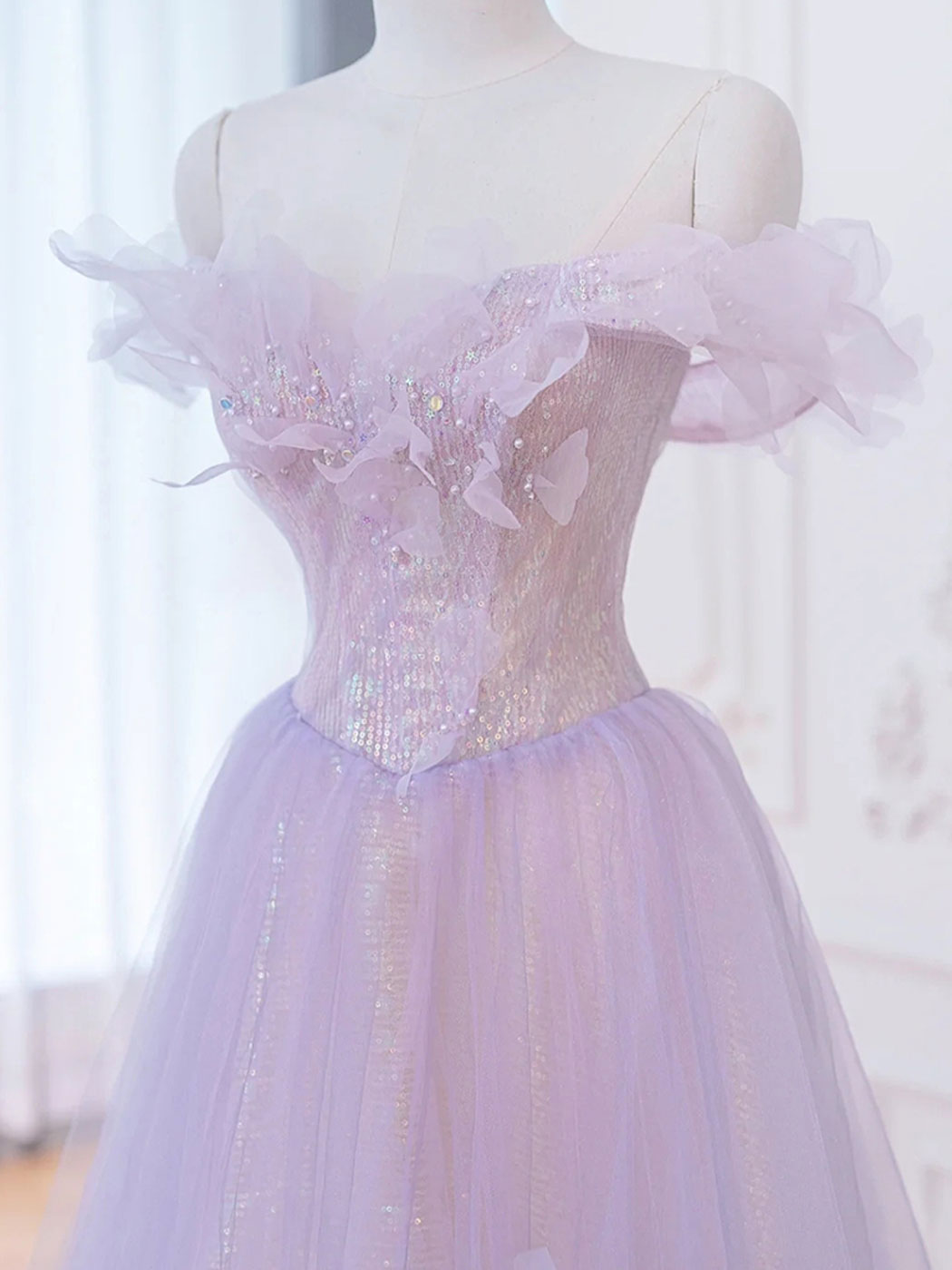 A-LINE PURPLE OFF-SHOULDER MAXI PROM DRESS