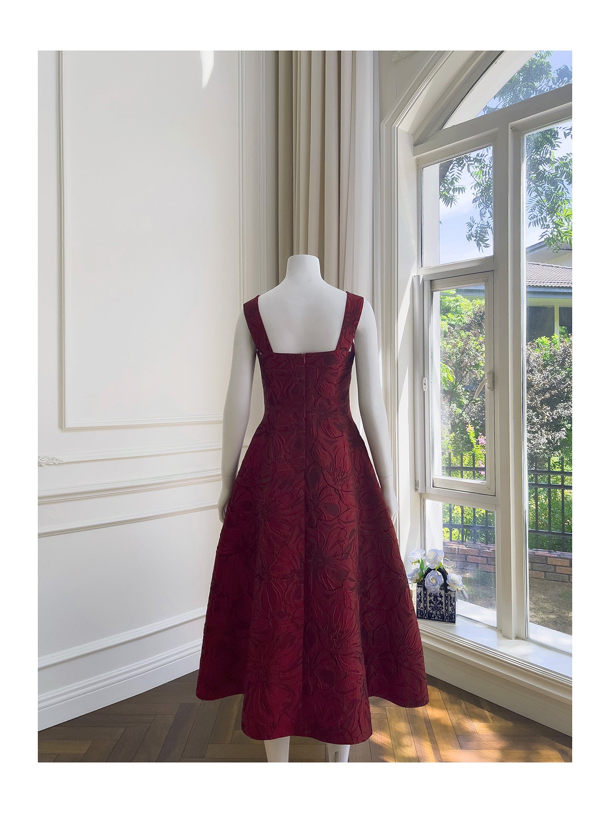 BURGUNDY JACQUARD CAMI MIDI DRESS FOR EVENTS
