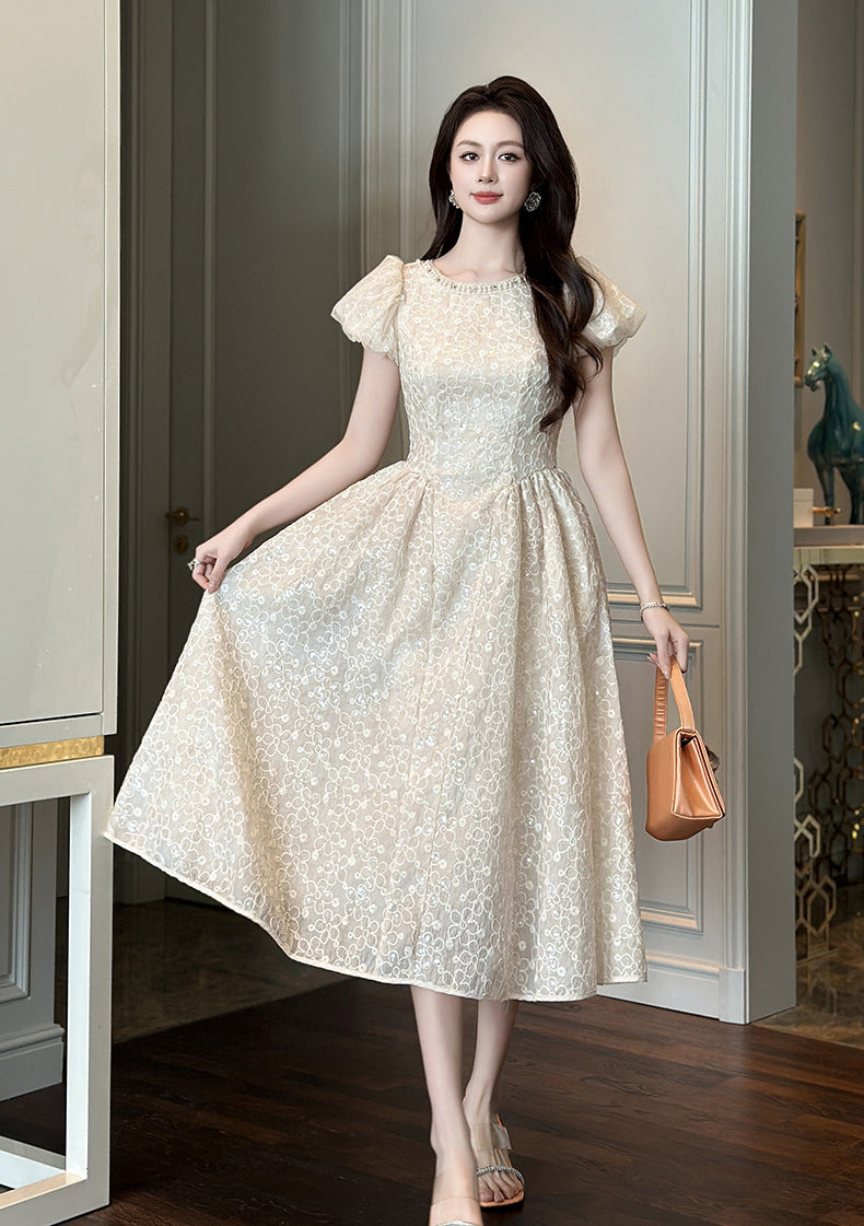 PEARL NECK PUFF SLEEVE LACE FLARE MAXI DRESS APRICOT