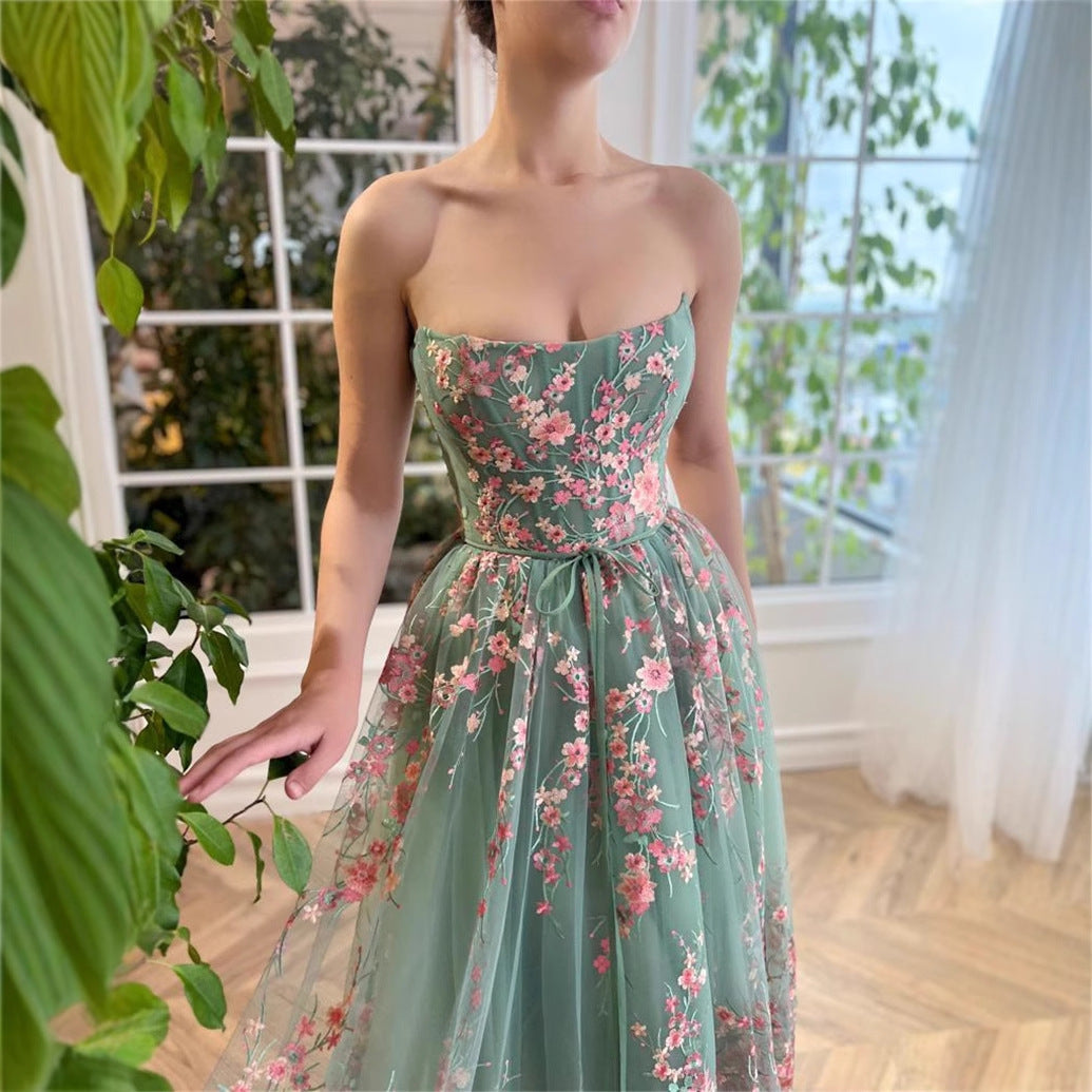 STRAPLESS FLORAL TULLE MIDI BALLERINA BIRTHDAY DRESS