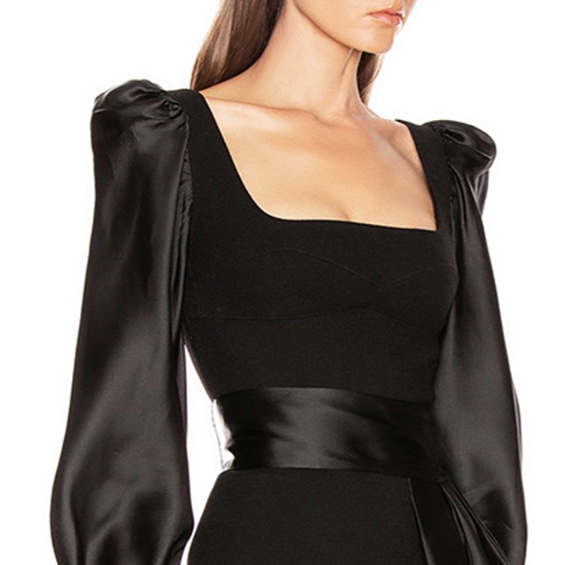 OCTAVIA BLACK SATIN SQUARE NECK MINI BELTED DRESS