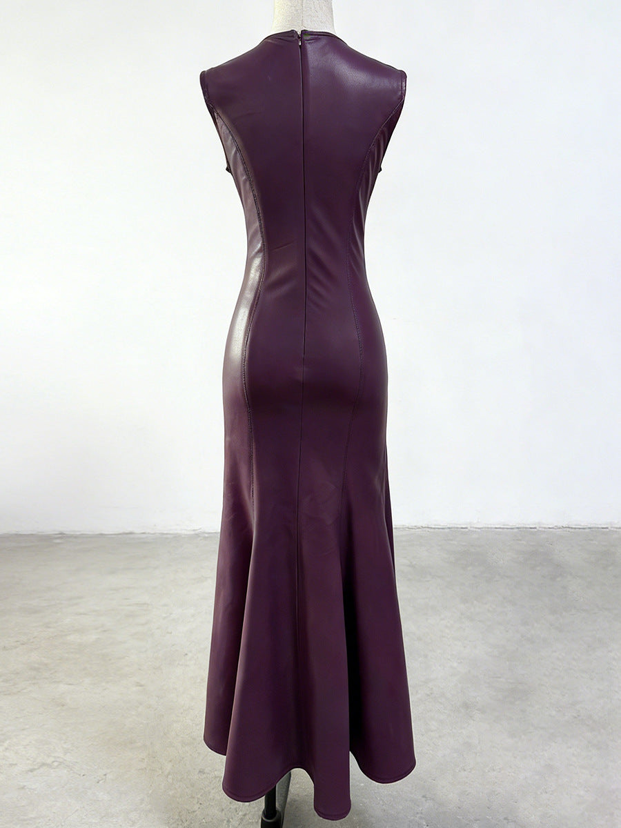 OPHELIA V-NECK SLEEVELESS BURGUNDY LEATHER MAXI DRESS