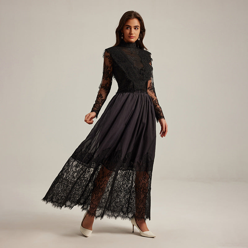 LACE EMBROIDERY MAXI DRESS SET - BLACK FORMAL