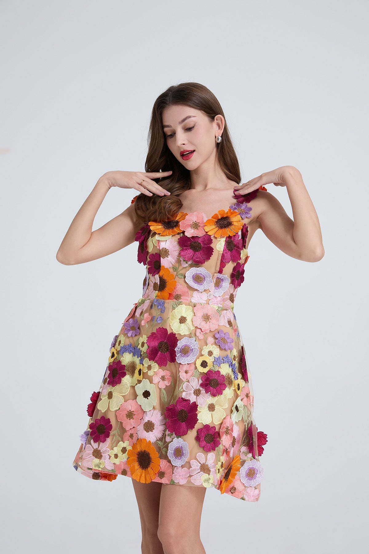 GEORGIA 3D FLORAL LACE MINI DRESS APRICOT